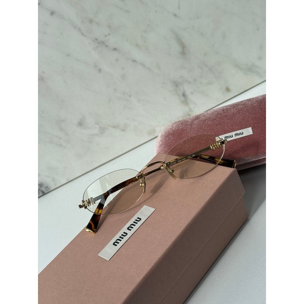 NEW Miu Miu MUA54S 5AK08N Bluelight Oval Sunglasses in Gold - Picture 3 of 8